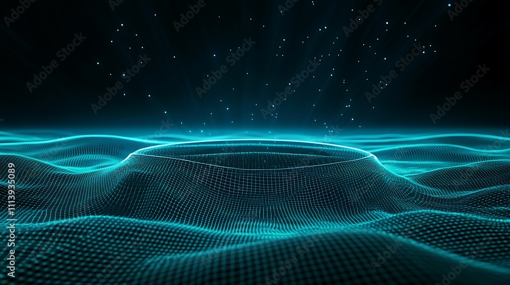 Poster futuristic digital landscape with glowing waves and particles in dark background for technology conc