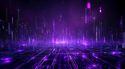 Futuristic Digital Landscape with Glowing Purple Lights and Abstract Data Flowing Through a Modern City