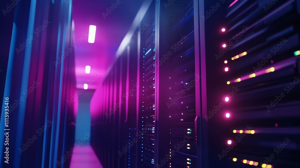 Poster a row of servers in a data center lit in a neon pink and blue color scheme.