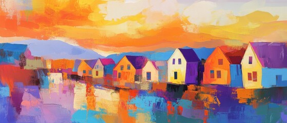 Vibrant Colorful Houses by Water at Sunset - Abstract Painting of Scenic Coastal Village with Reflections and Warm Tones