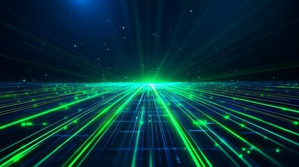 Obraz premium Futuristic Digital Landscape with Green Lights and Lines Creating a Sense of Depth and Motion in a Cyber World