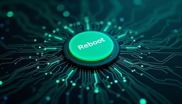  Glowing "Reboot" button with neon circuits in blue and green tones