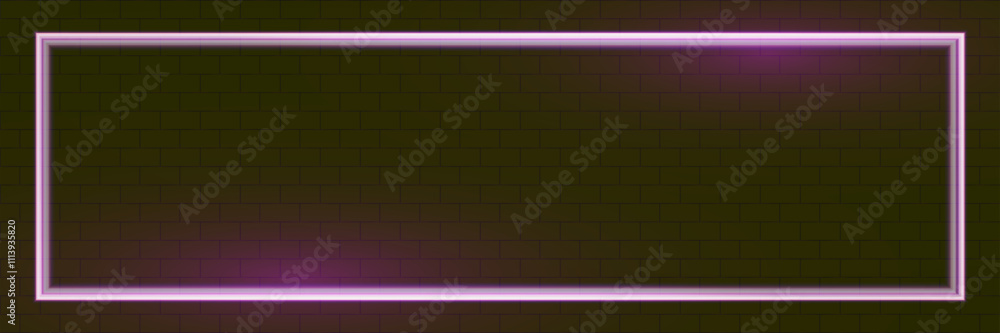 Poster neon rectangular frame glowing in pink and purple tones on a dark brick wall background. minimalisti