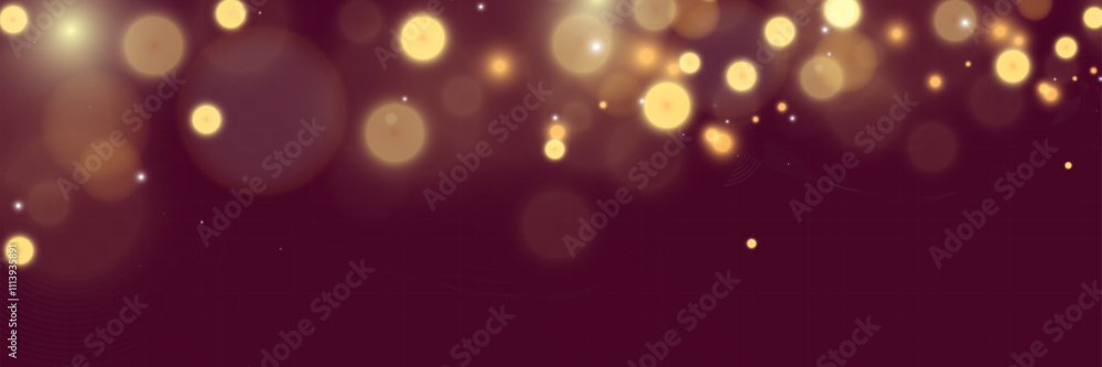 Poster Abstract bokeh background with glowing light circles in warm golden tones on a deep burgundy gradient. Soft blur effects create an elegant and festive atmosphere. Ideal for holiday, celebration.