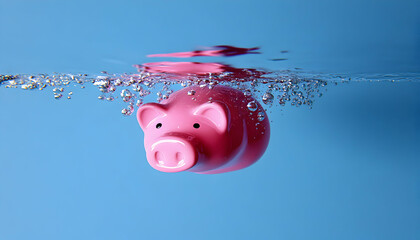 Pink piggy bank submerged underwater, bubbles rising, symbolizing financial difficulties or debt.  Concept image for financial crisis, sinking funds, and economic hardship.