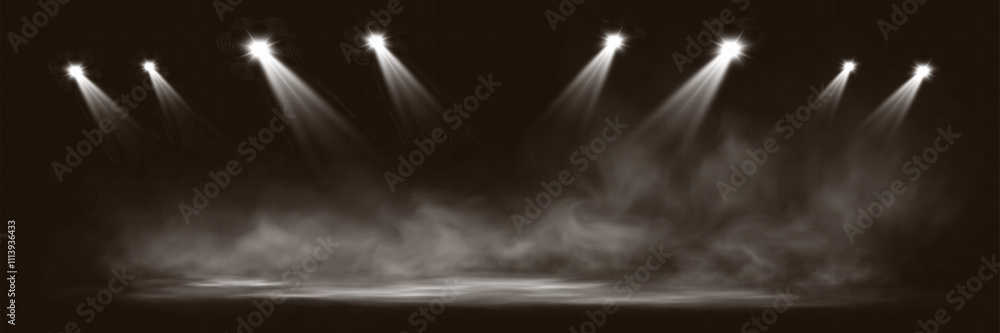 Poster spotlights shining down in a dark, misty atmosphere, creating a dramatic stage or stadium effect wit