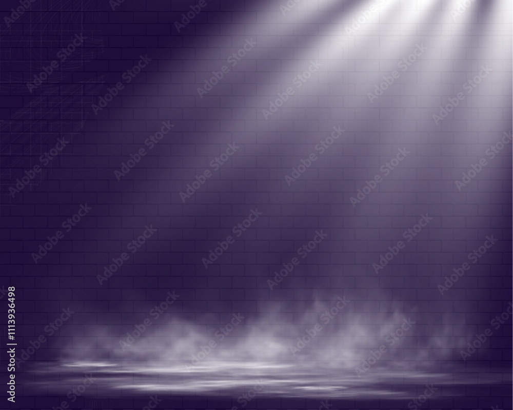 Poster spotlights shining down in a dark, misty atmosphere, creating a dramatic stage or stadium effect wit