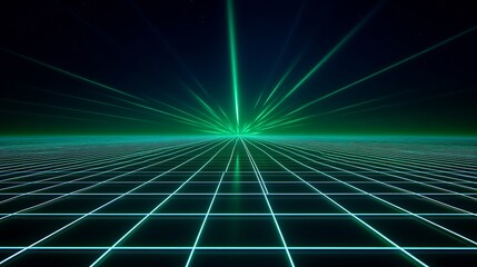 Futuristic Digital Landscape with Neon Grid and Radiant Light Beams in a Starry Night Sky
