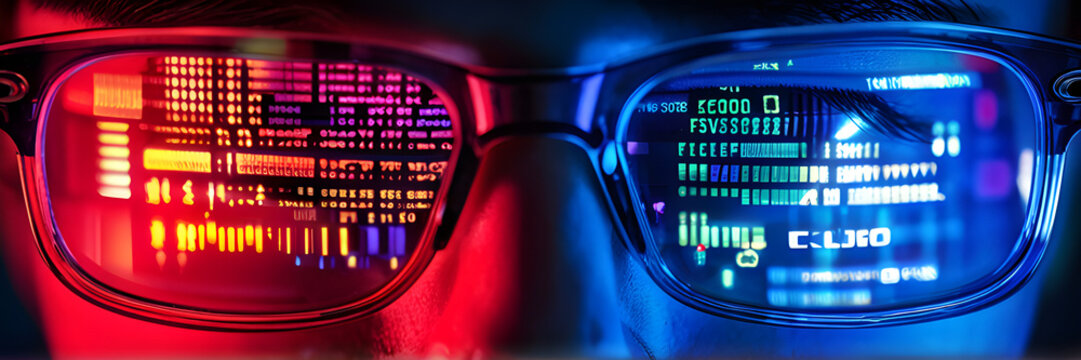 Computer code reflection on tech programmer glasses Cyber Information Digital Data Software Hacker Security Technology Banner