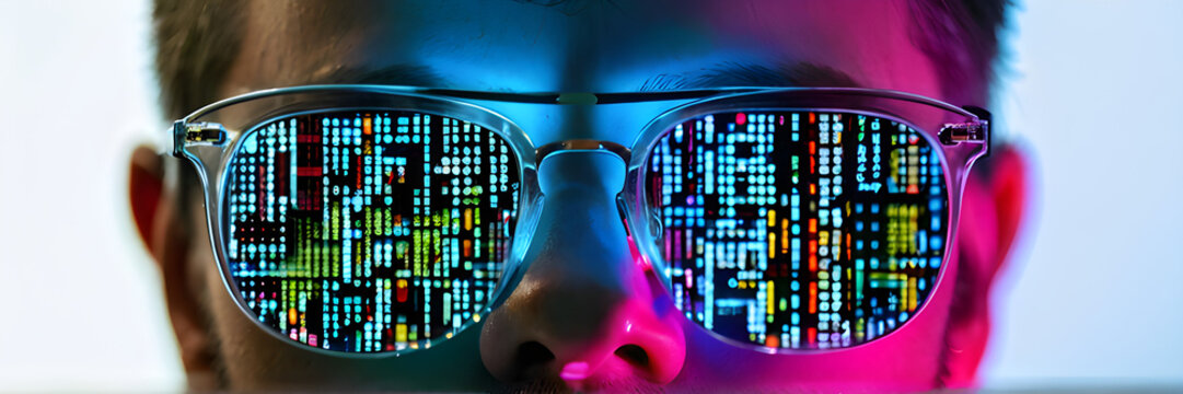 Computer code reflection on hacker programmer glasses Cyber Information Data Software Encryption Security Technology White Backdrop Banner