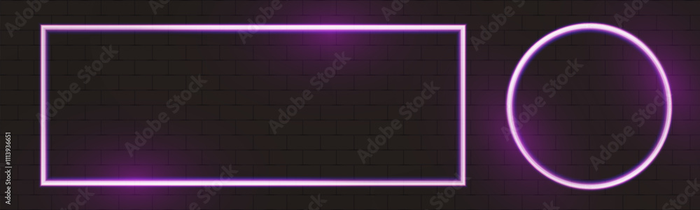Poster neon rectangular frame glowing in pink and purple tones on a dark brick wall background. minimalisti