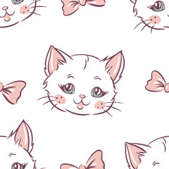 Hand drawn seamless pattern with cute cat faces with bows in pastel colors, kids kitten design vector illustration