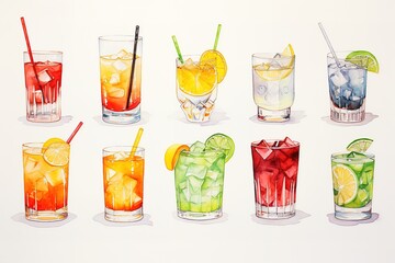 Orange, apple, lemon, avocado, peach and pomegranate drinks in glasses, set of summer watercolor juices in watercolor style
