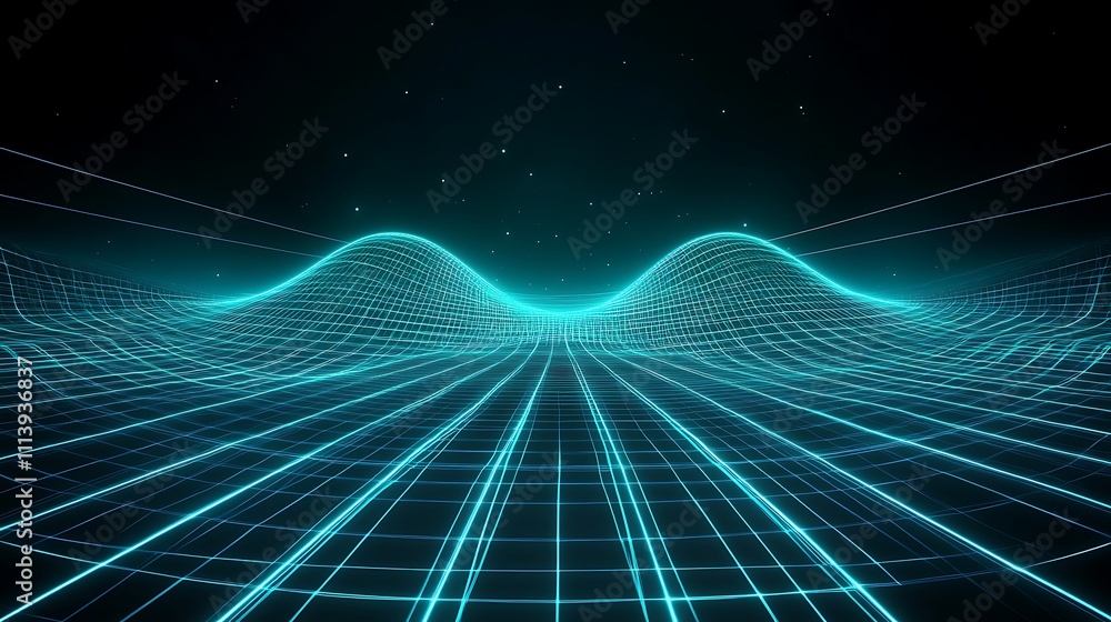 Poster futuristic digital landscape with neon grid lines and wave patterns in a starry background