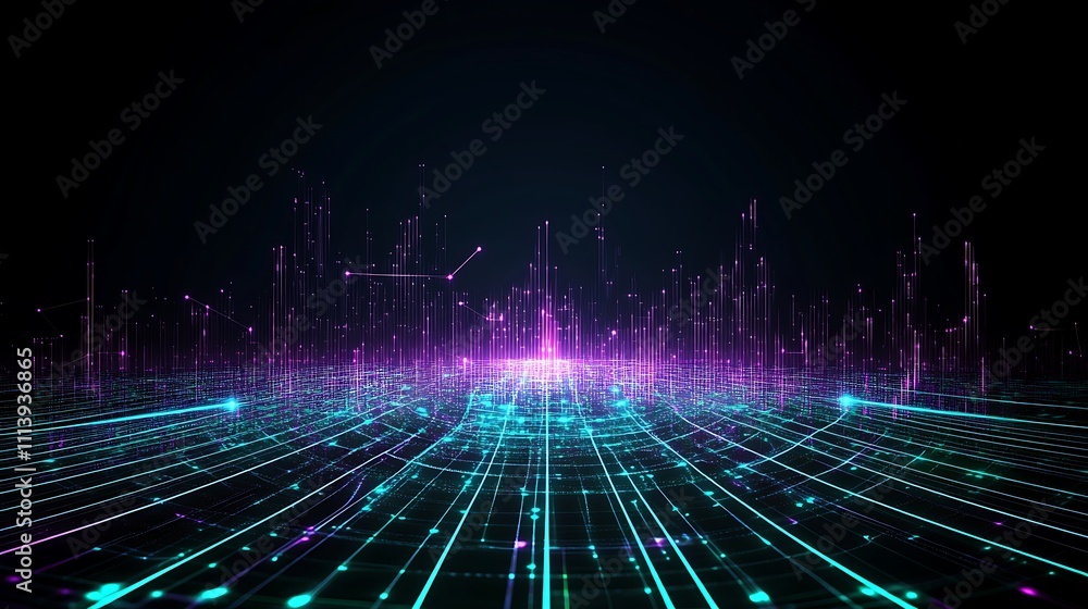 Poster futuristic digital landscape with neon light effects creating a vibrant abstract concept of technolo