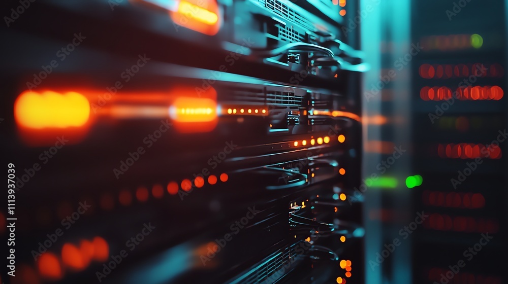 Poster close-up of server racks with blinking orange and blue lights in a data center.