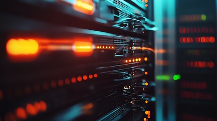 Obraz premium Close-up of server racks with blinking orange and blue lights in a data center.