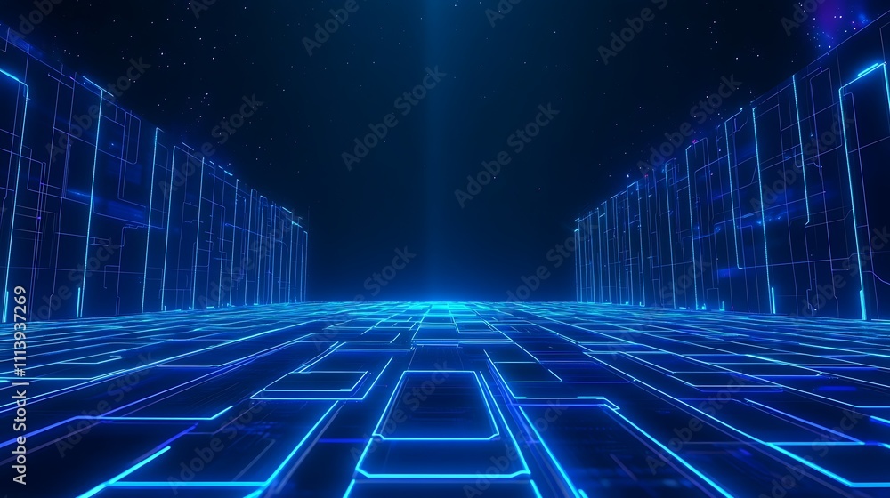 Poster futuristic digital landscape with neon lights and grid patterns for technology and science fiction c
