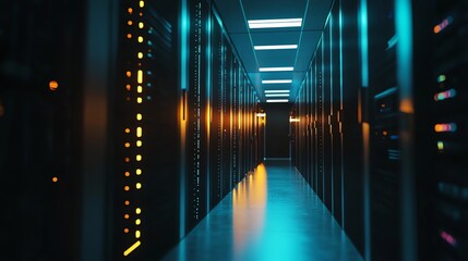 Fototapeta premium A long, narrow hallway in a server room, lit by blue and orange lights.