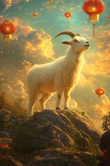 chinese zodiac sign.Majestic Goat at Sunset with Lanterns 
