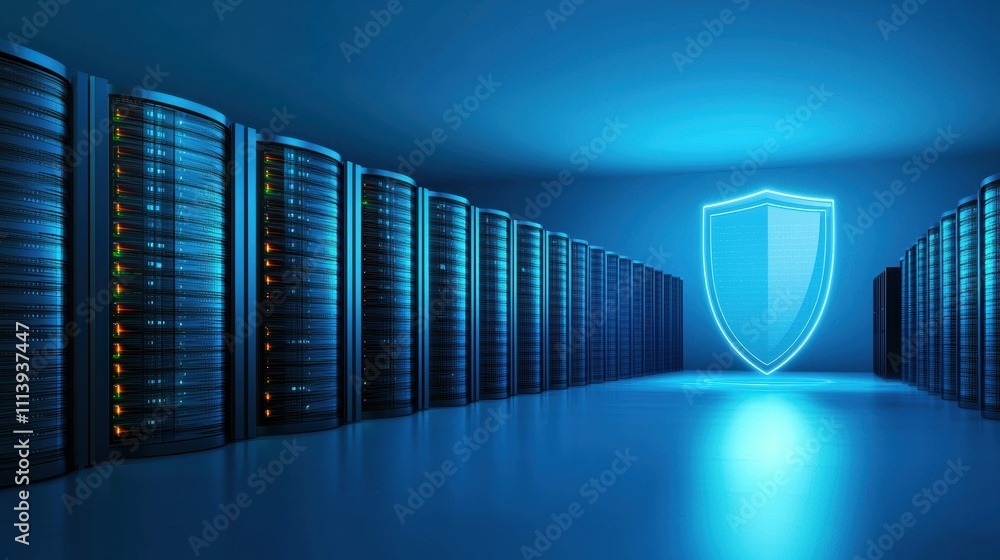 Poster futuristic data center with glowing servers and security shield in high-tech environment