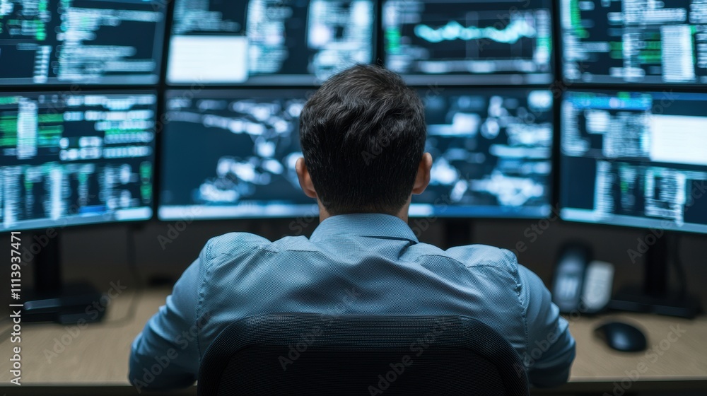 Poster sleek futuristic control room with ai technology and multiple screens displaying data analytics