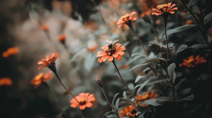 Beautiful Orange Flowers with Bee in Soft Focus