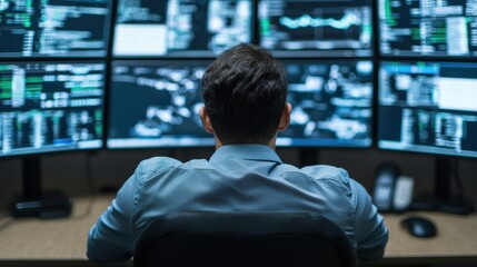Sleek Futuristic Control Room with AI Technology and Multiple Screens Displaying Data Analytics