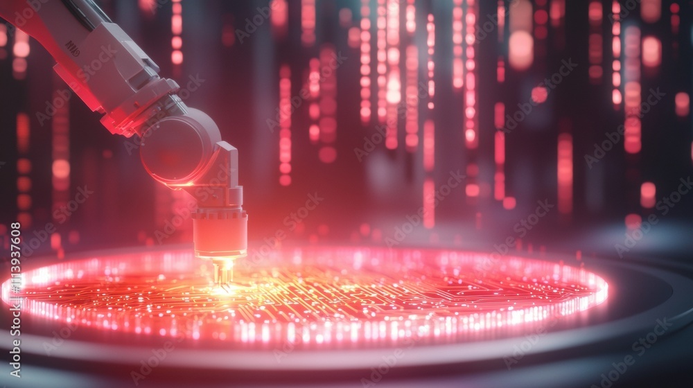 Poster intelligent robotic arm assembling glowing circuit board in futuristic environment