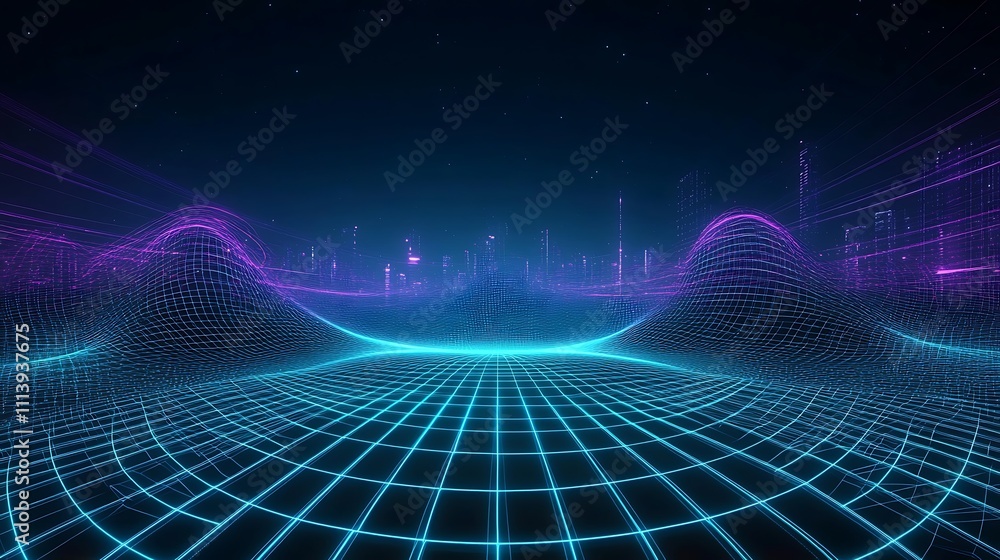 Poster futuristic digital landscape with neon lines and grid pattern in a cyberpunk style for conceptual de