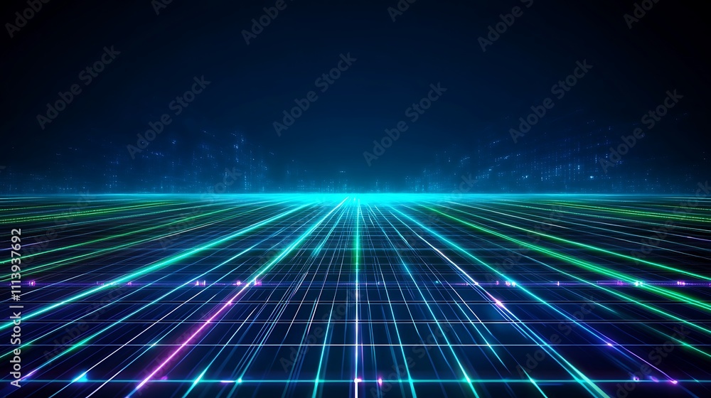 Poster futuristic digital landscape with neon lines and grid pattern on a dark background for technology th