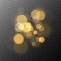 Festive gold colored bokeh lights. Transparent background. Bright blur light effect. Abstract blurred overlay template. Graphic template. Vector illustration.