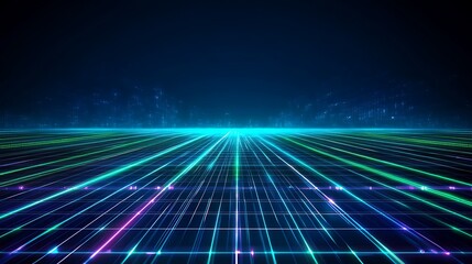 Futuristic Digital Landscape with Neon Lines and Grid Pattern on a Dark Background for Technology Themes