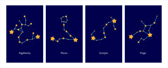 Set of Modern magic witchcraft cards with astrology zodiac signs in the night sky. Zodiac characteristic. Zodiac icons. Vector illustration