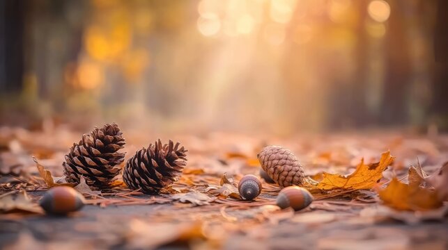Autumnal forest floor with pine cones and acorns