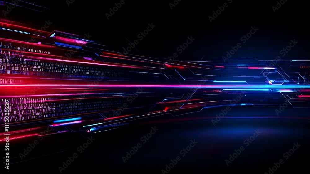 Poster futuristic digital landscape with vibrant glowing lines and binary code in a dynamic motion on a dar