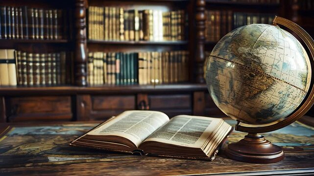 Old geographical globe and map and old book in cabinet. Science, education, travel background. History and geography team. Ancience, antique globe on the background of old map	
