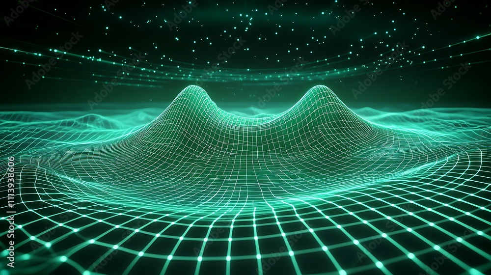 Poster futuristic digital landscape with wireframe waves and stars in cosmic space displaying technological