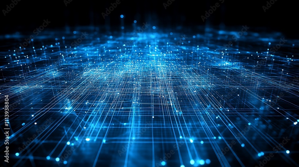 Aufkleber futuristic digital network with glowing particles and lines in a deep blue space