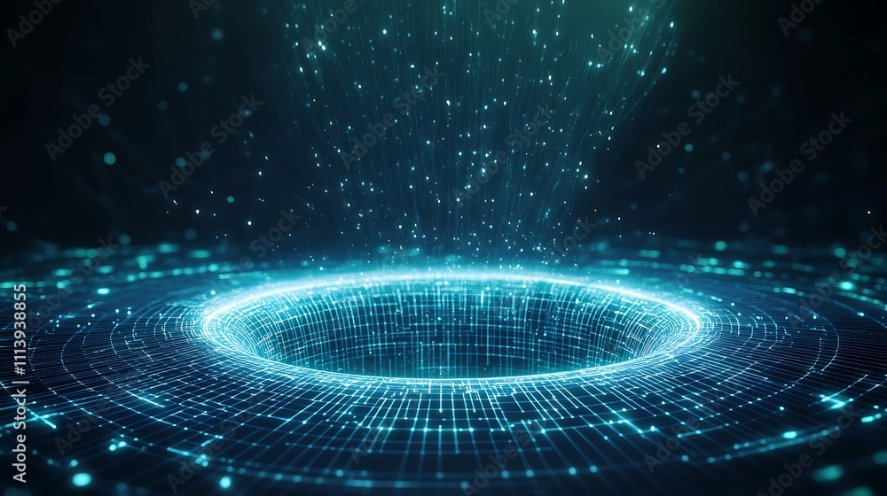 Poster futuristic digital portal with glowing particles and data streams in a dark background