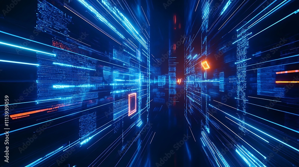 Poster futuristic digital space with glowing lines and matrix-like patterns in blue and orange color tones