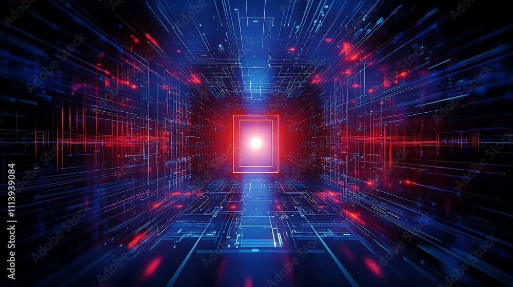 Poster futuristic digital space with vibrant light effects and abstract geometric pattern for technology an