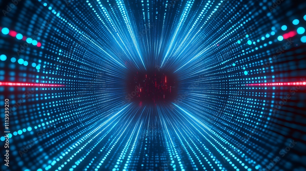 Poster futuristic digital tunnel with blue and red light particles in motion creating a sense of speed and 