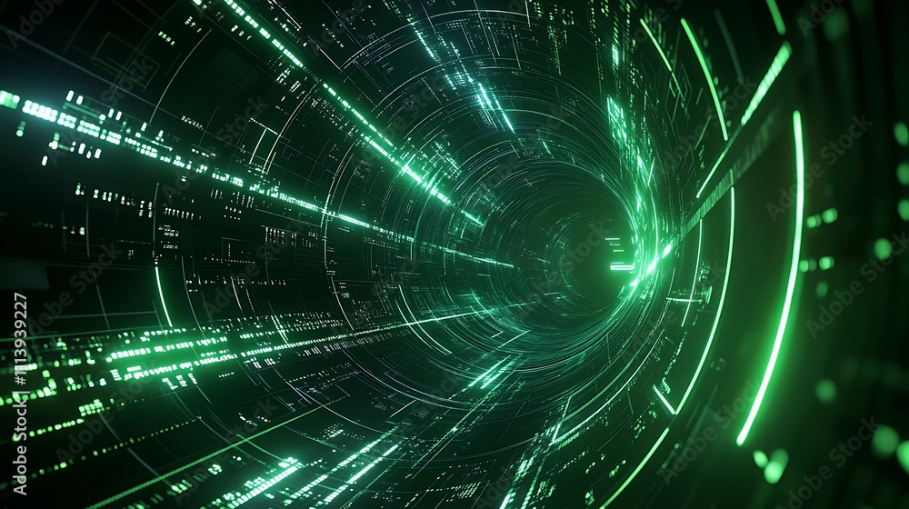 Poster futuristic digital tunnel with bright neon green lines and data patterns for sci-fi and technology c