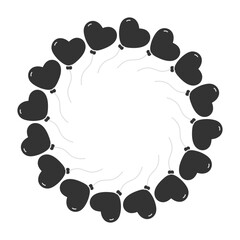 Dark Heart shape balloon on string Circle frame border in grayscale. Black Day or card template idea