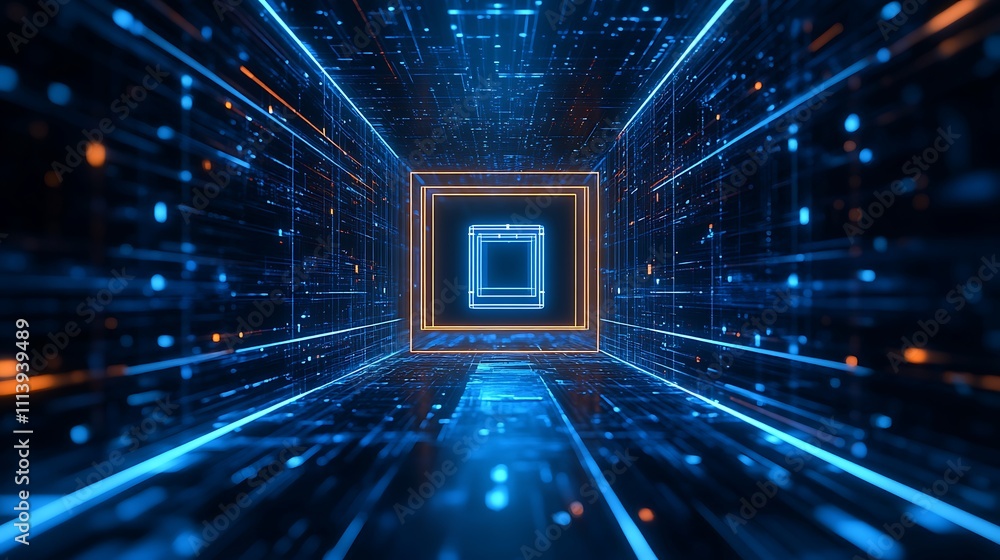Aufkleber futuristic digital tunnel with glowing lines and geometric shapes for technology and science themes