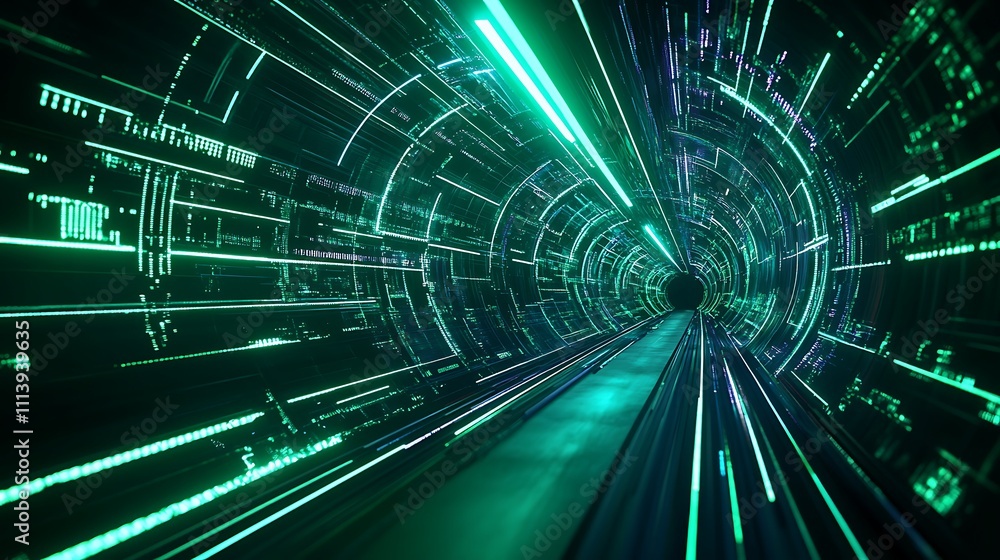 Poster futuristic digital tunnel with neon lights and glowing lines creating a sense of motion and depth