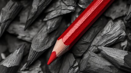 A macro photo of a red pencil surrounded by gray pencils.