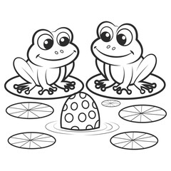 two frogs sitting on a table with a white background with a black and white drawing of a frog on it.