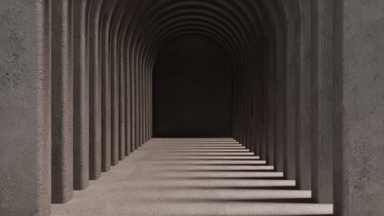 The stunning view features symmetrical concrete arches extending into darkness, creating a moody atmosphere perfect for artistic backgrounds and inspiring architectural designs